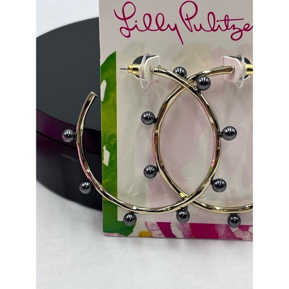 Lilly Pulitzer Large Gold Tone Bamboo like Gemma Onyx Pearl Hoop Earring New - Picture 5 of 9